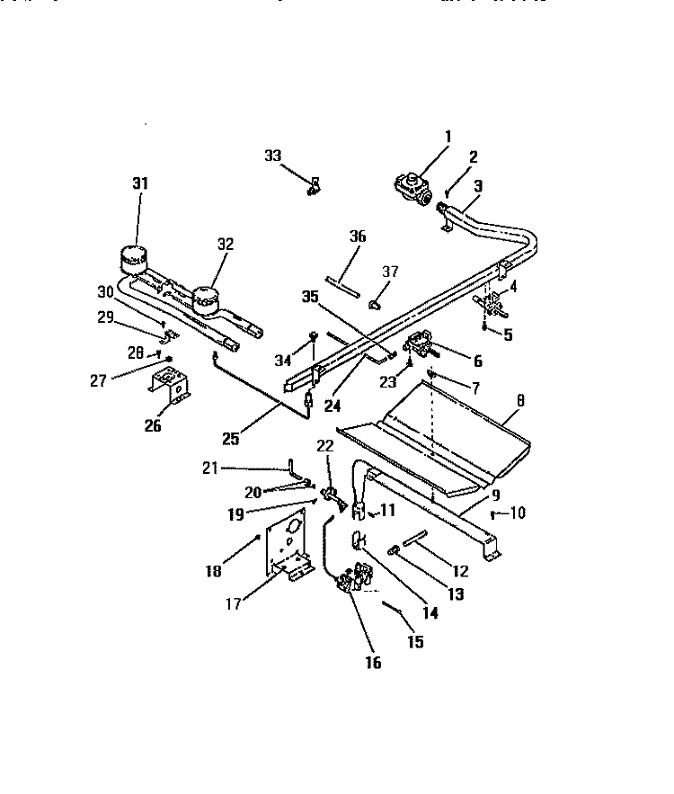 BURNERS, IGNITORS, CONTROLS Diagram and Parts List for GG32PCW0  Frigidaire Range
