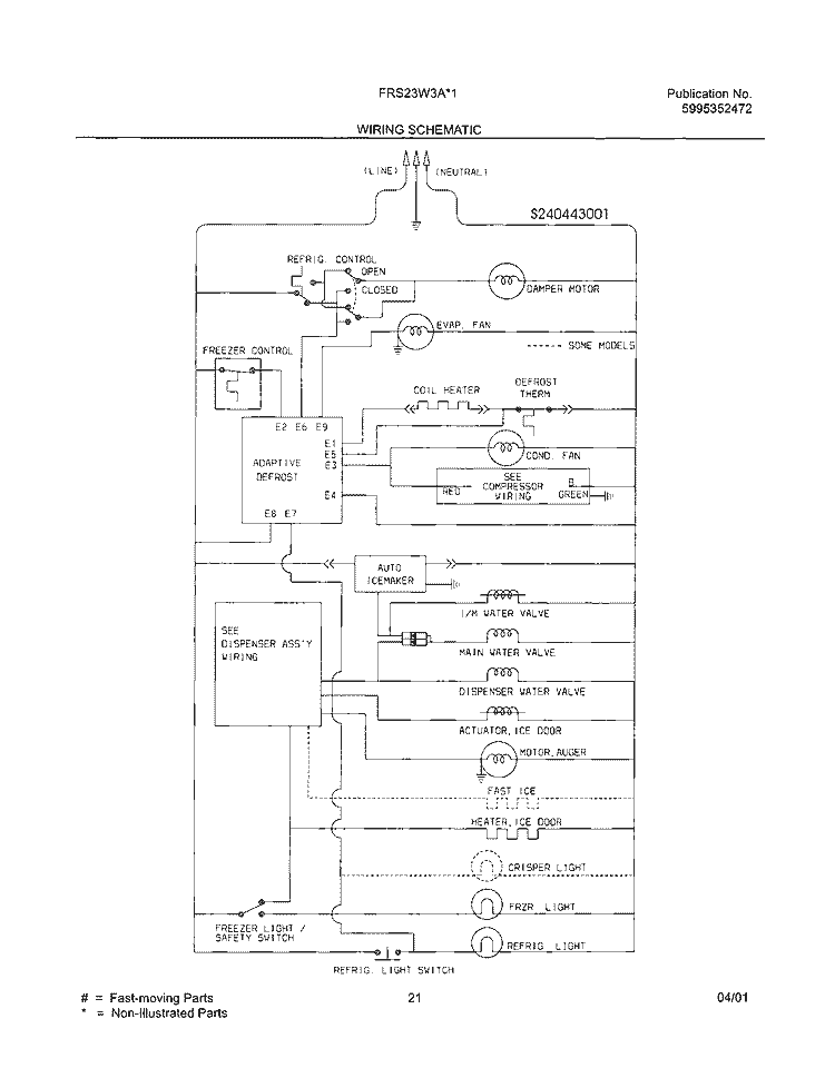 WIRING SCHEMATIC Diagram and Parts List for FRS23W3AQ0  Frigidaire Refrigerator