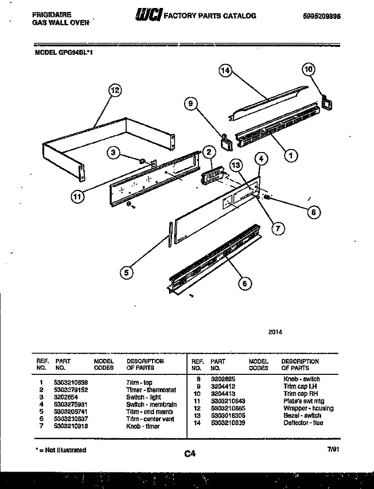 CONTROL PANEL Diagram and Parts List for GPG94BL1  Frigidaire Wall Oven