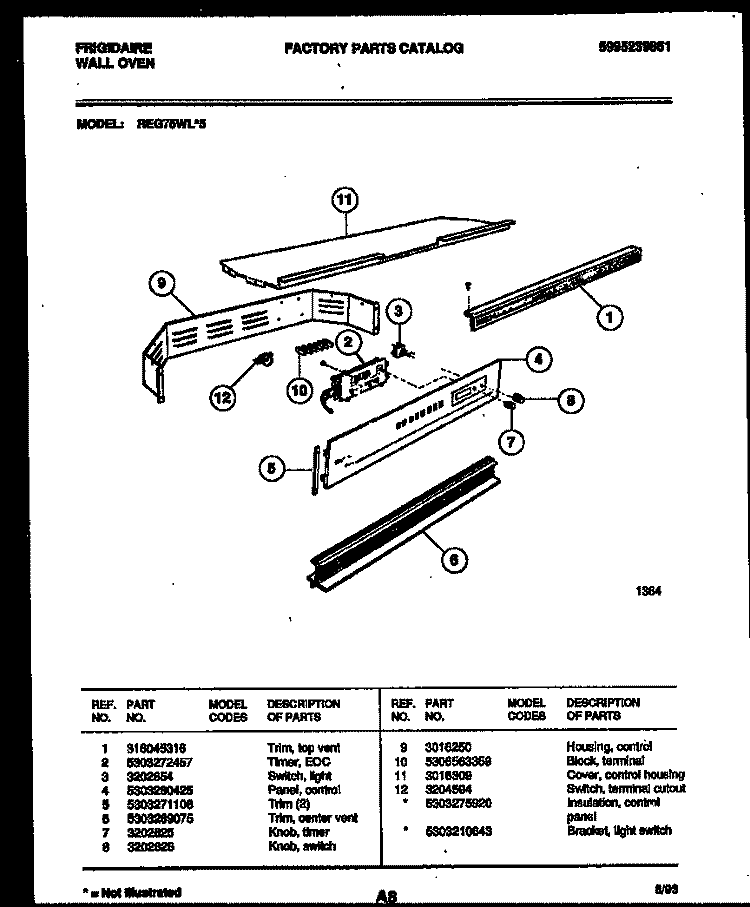CONTROL PANEL Diagram and Parts List for REG75WL5  Frigidaire Wall Oven