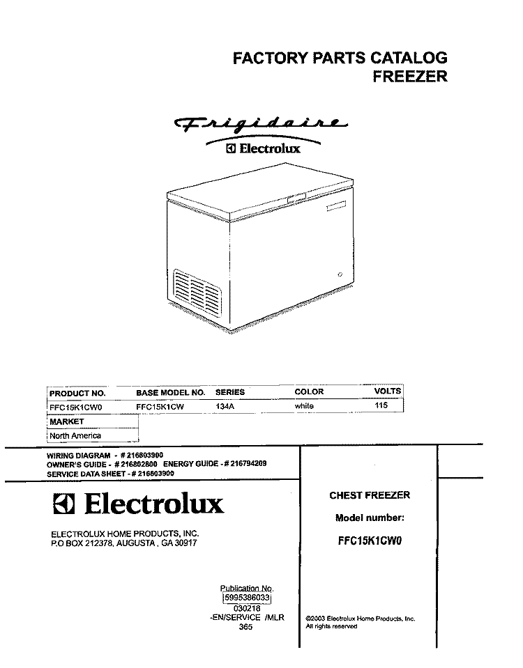 COVER Diagram and Parts List for FFC15K1CW0  Frigidaire Freezer