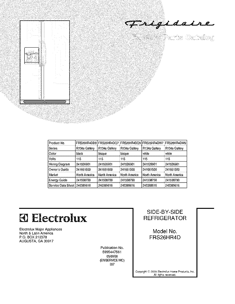 COVER Diagram and Parts List for FRS26HR4DW7  Frigidaire Refrigerator