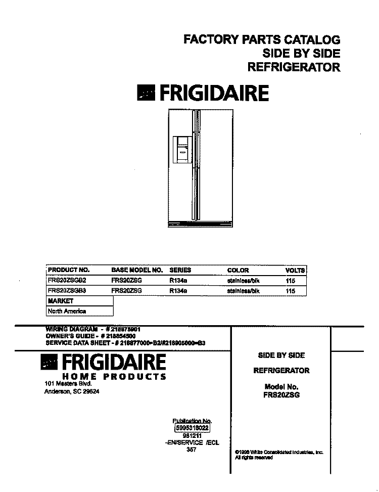 COVER Diagram and Parts List for FRS20ZSGB2  Frigidaire Refrigerator
