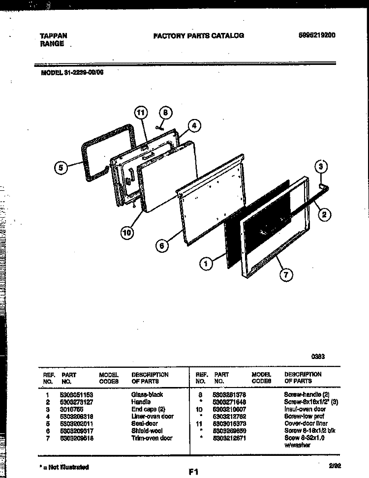 DOOR PARTS Diagram and Parts List for 31-2239-00-06  Tappan Range