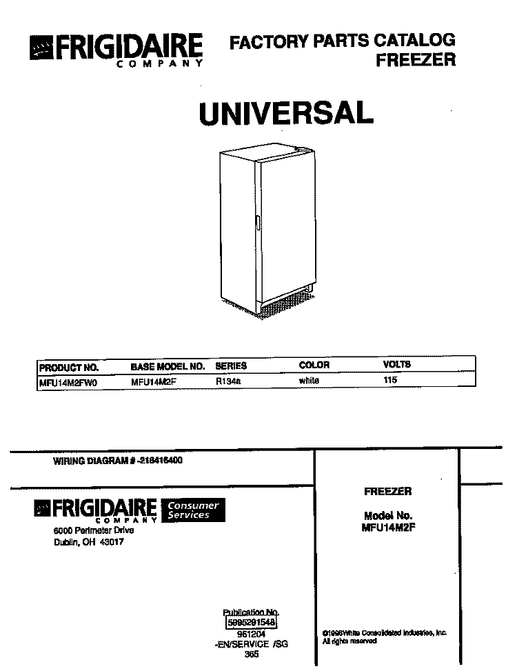 COVER Diagram and Parts List for MFU14M2FW0  Frigidaire Freezer