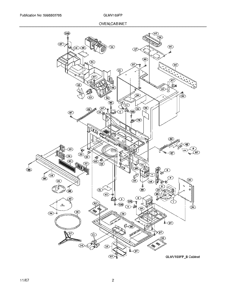 OVEN CABINET Diagram and Parts List for GLMV169FPBB  Frigidaire Microwave