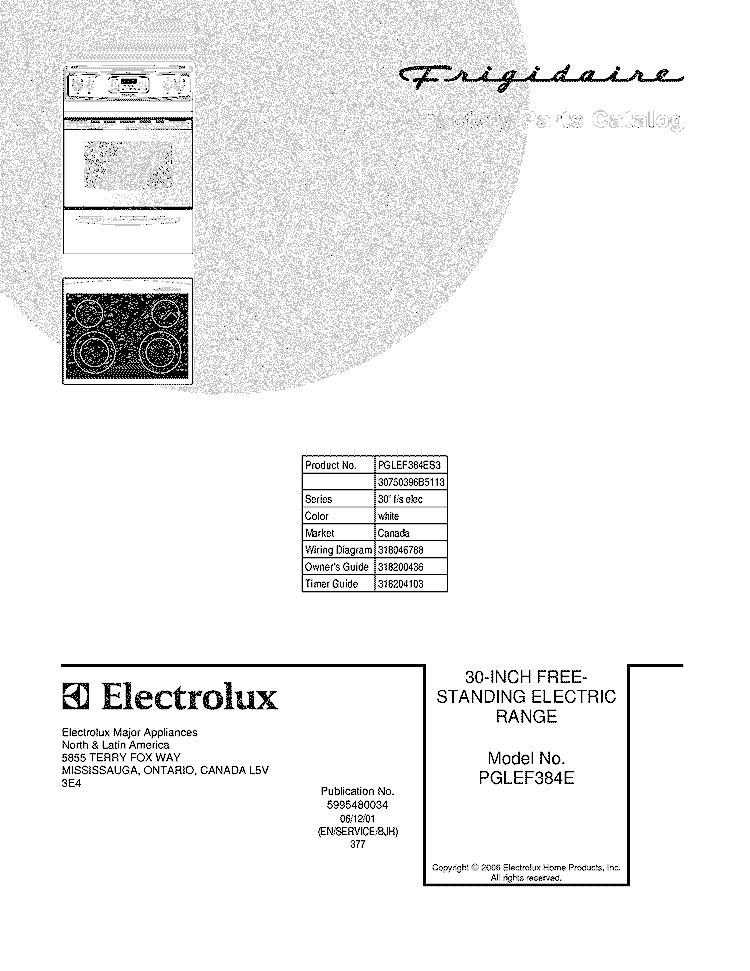 COVER Diagram and Parts List for PGLEF384ES3  Frigidaire Range