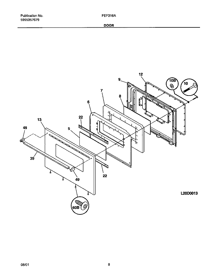 DOOR Diagram and Parts List for FEF316ASA  Frigidaire Range