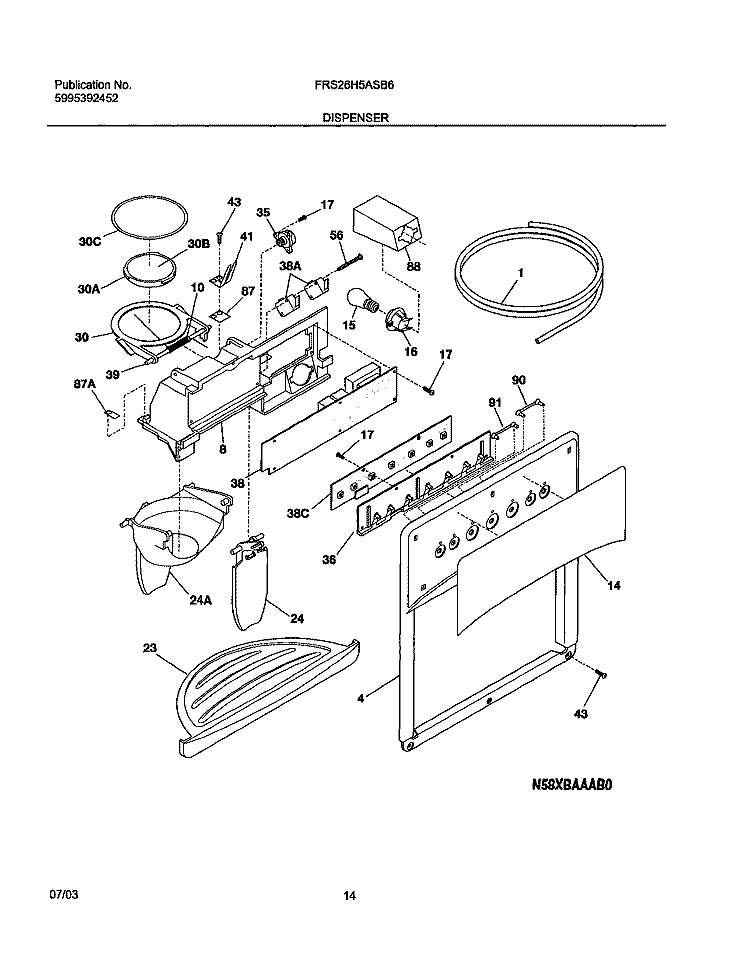 DISPENSER Diagram and Parts List for FRS26H5ASB6  Frigidaire Refrigerator