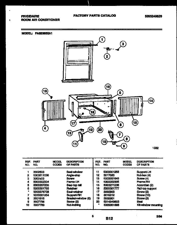 WINDOW MOUNTING PARTS Diagram and Parts List for FAS256S2A1  Frigidaire Air Conditioner