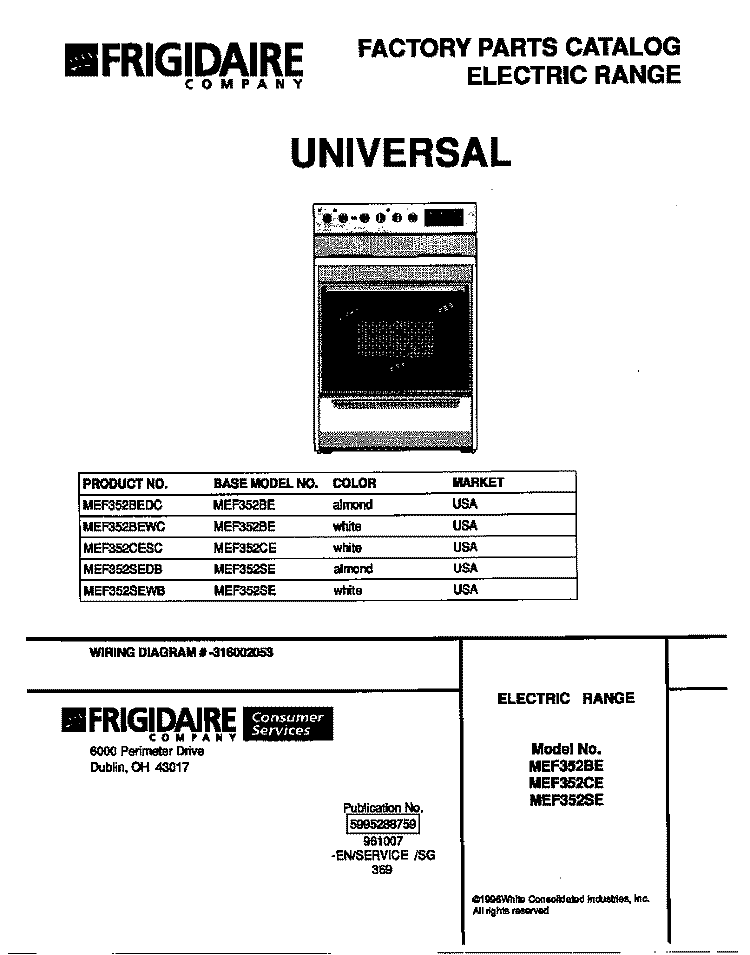 COVER Diagram and Parts List for MEF352BEDC  Frigidaire Range