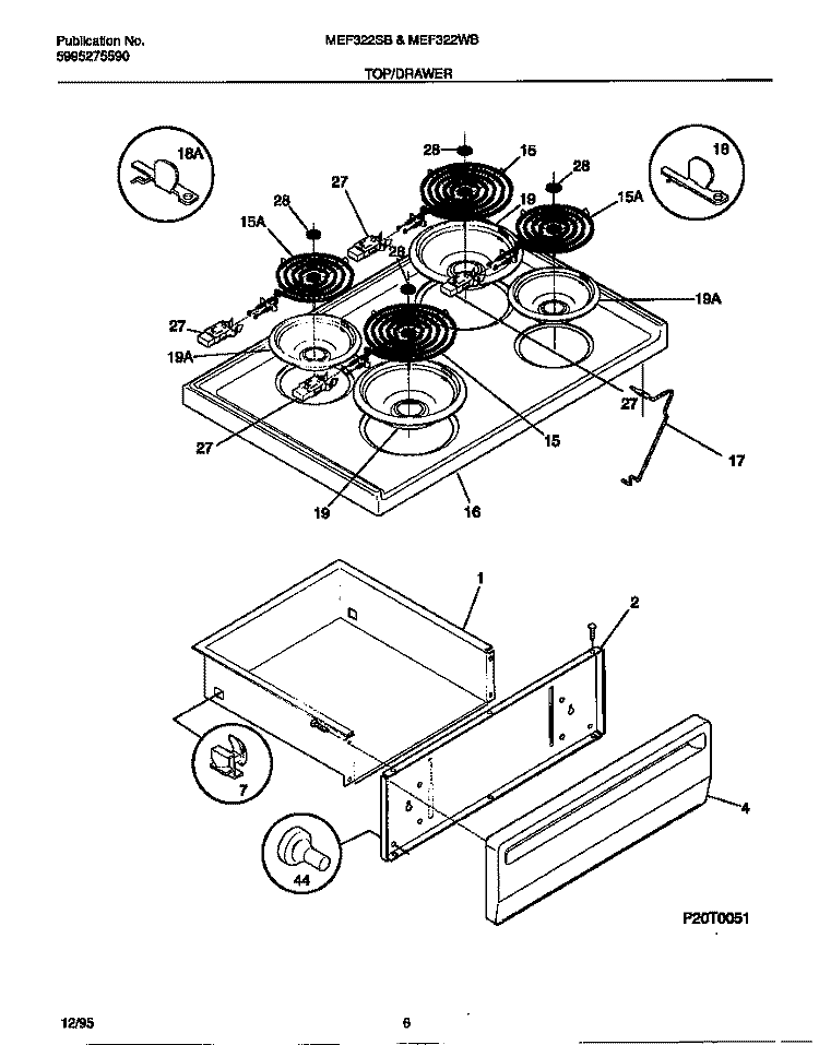 TOP / DRAWER Diagram and Parts List for MEF322SBDE  Frigidaire Range