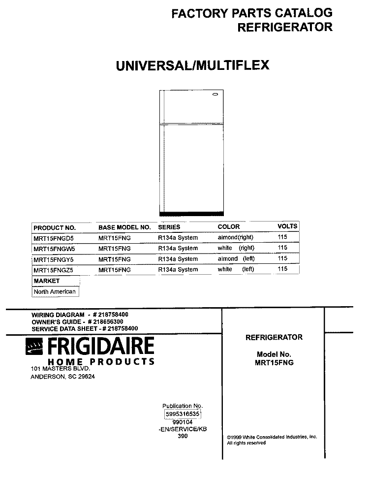 COVER Diagram and Parts List for MRT15FNGD5  Frigidaire Refrigerator