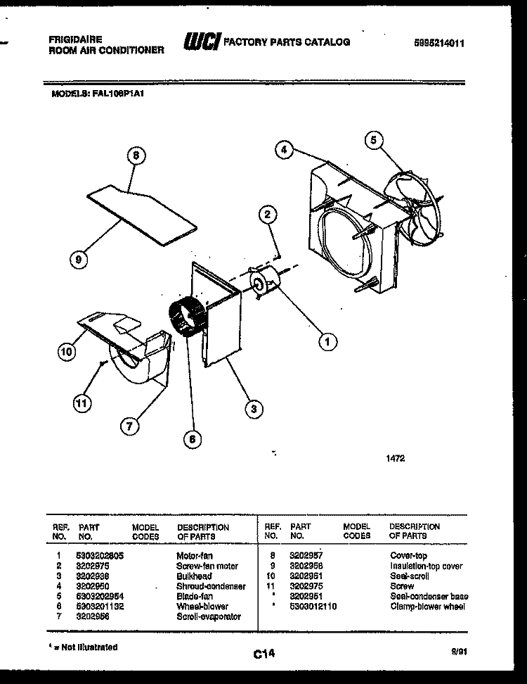AIR HANDLING PARTS Diagram and Parts List for FAL106P1A1  Frigidaire Air Conditioner