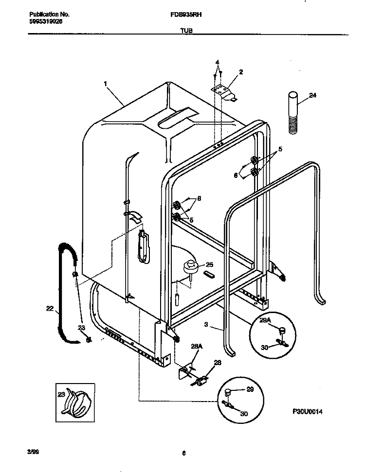 TUB Diagram and Parts List for FDB935RHB0  Frigidaire Dishwasher