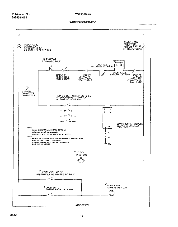 WIRING SCHEMATIC Diagram and Parts List for TGF303BWA  Tappan Range