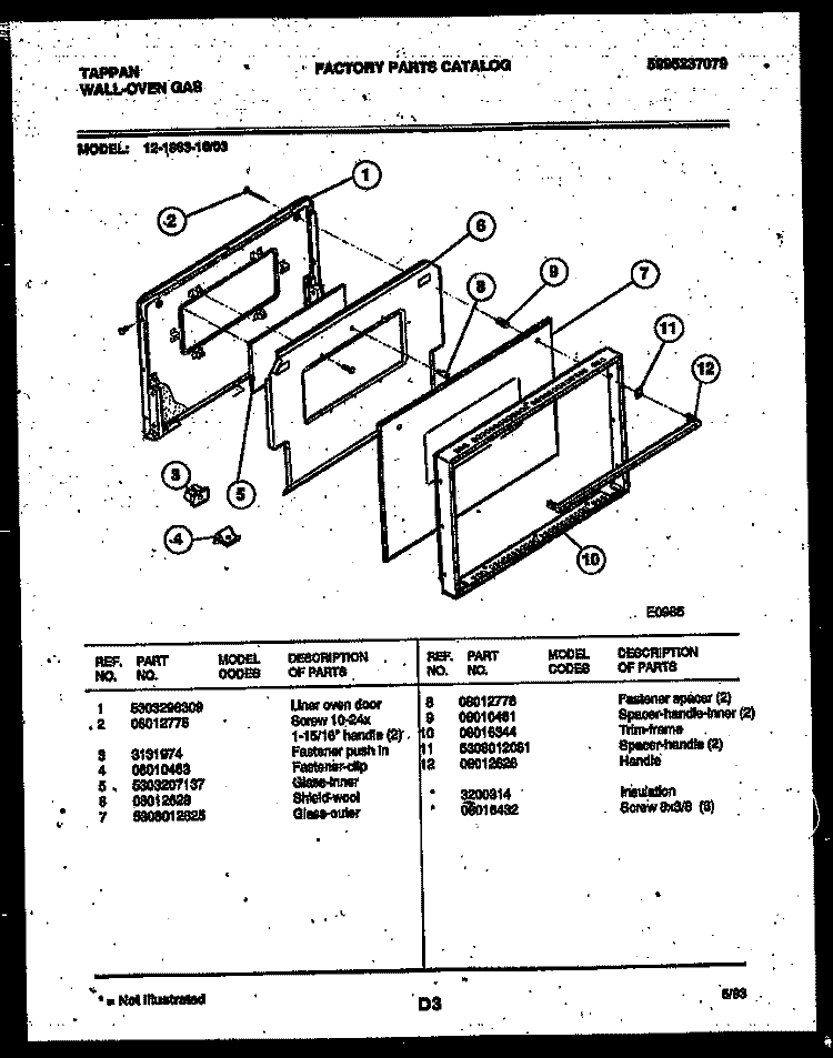 DOOR PARTS Diagram and Parts List for 12-1863-00-03  Tappan Wall Oven