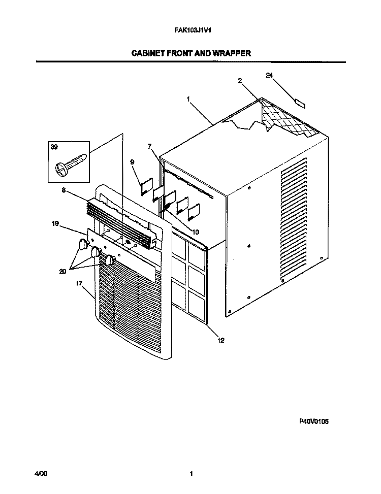 CABINET FRONT AND WRAPPER Diagram and Parts List for FAK103J1V1  Frigidaire Air Conditioner