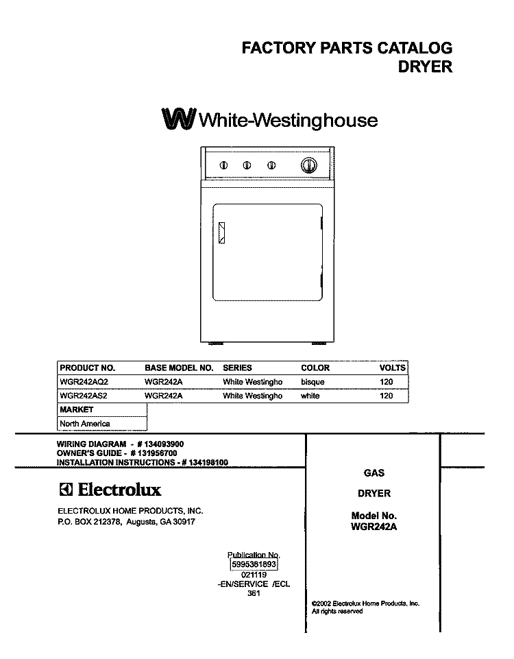 COVER Diagram and Parts List for WGR242AS2  Westinghouse Dryer
