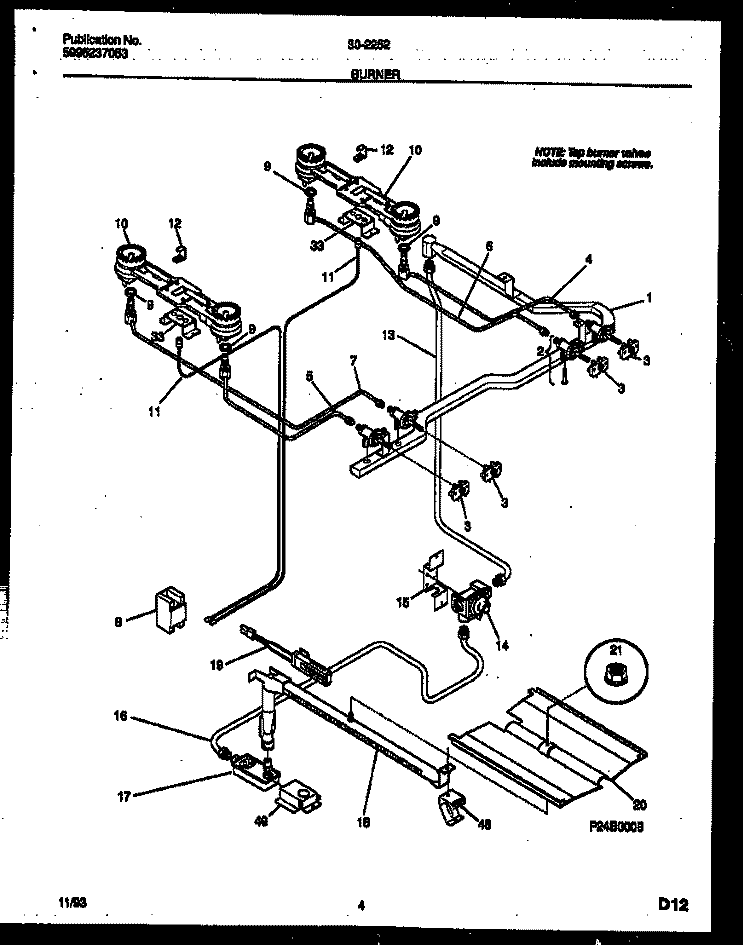 BURNER PARTS Diagram and Parts List for 30-2252-00-03  Tappan Range