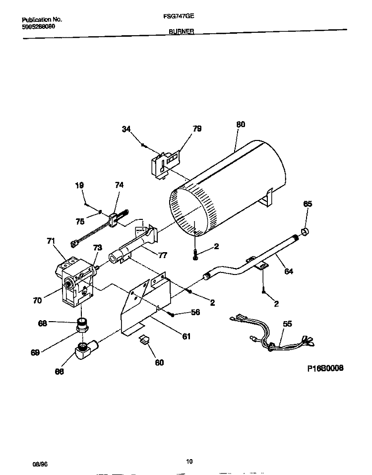 BURNER Diagram and Parts List for FSG747GES0  Frigidaire Dryer