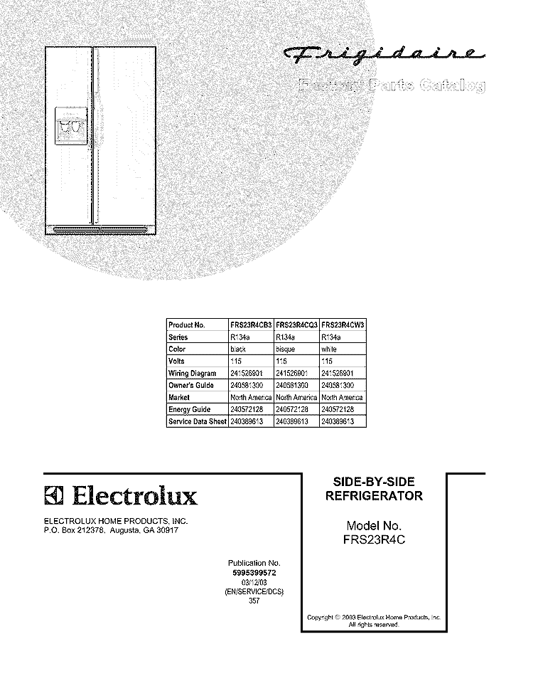 COVER Diagram and Parts List for FRS23R4CB3  Frigidaire Refrigerator