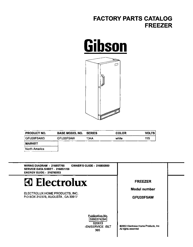 COVER Diagram and Parts List for GFU20F5AW3  Gibson Freezer