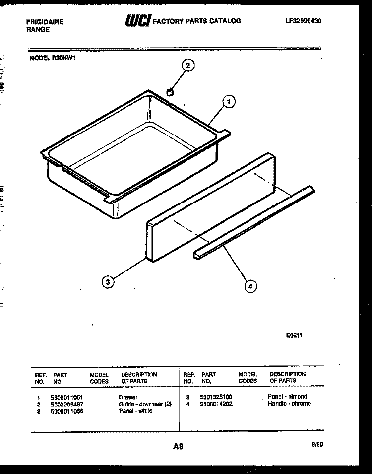 DRAWER PARTS Diagram and Parts List for R30NL1  Frigidaire Range