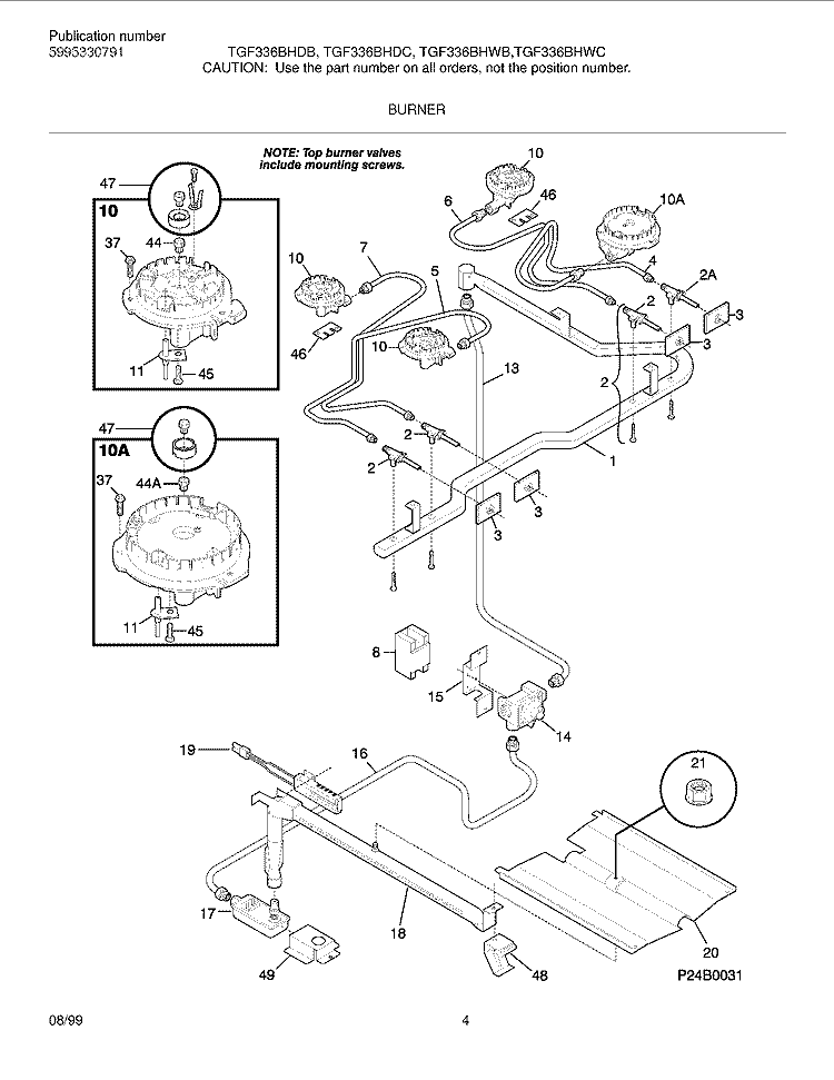 BURNER Diagram and Parts List for TGF336BHDC  Tappan Range