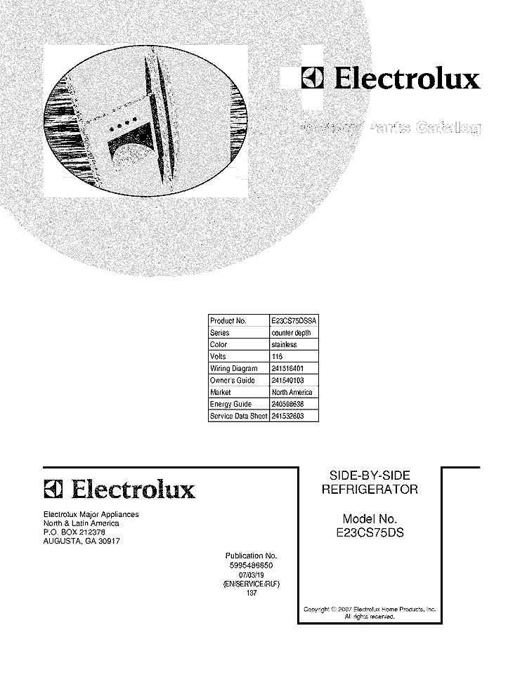COVER Diagram and Parts List for E23CS75DSSA  Electrolux Refrigerator