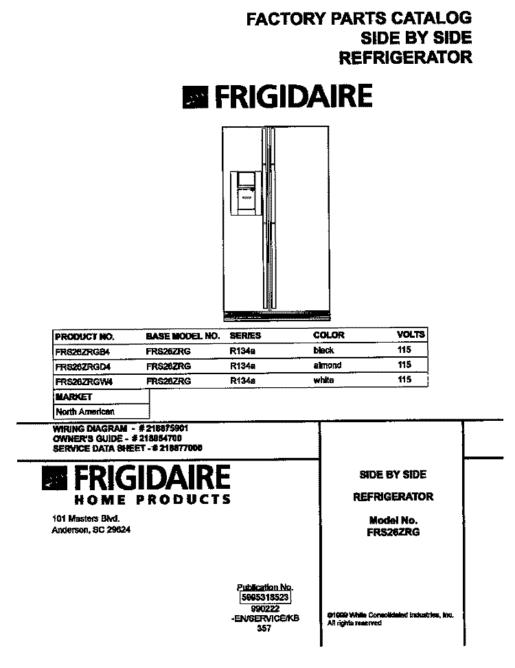 COVER Diagram and Parts List for FRS26ZRGW4  Frigidaire Refrigerator