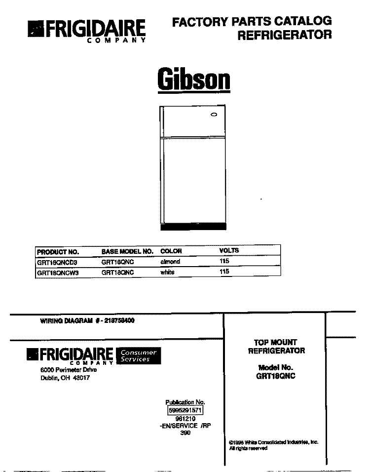 COVER Diagram and Parts List for GRT18QNCW3  Gibson Refrigerator