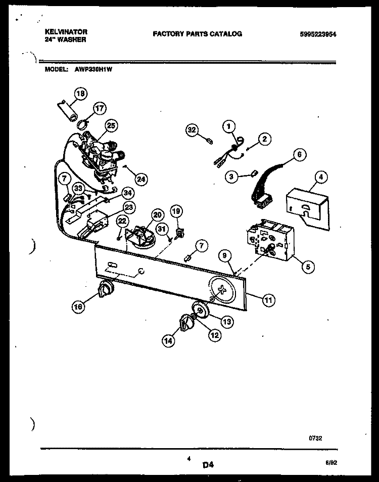 CONSOLE AND CONTROL PARTS Diagram and Parts List for AWP330H1W  Kelvinator Washer