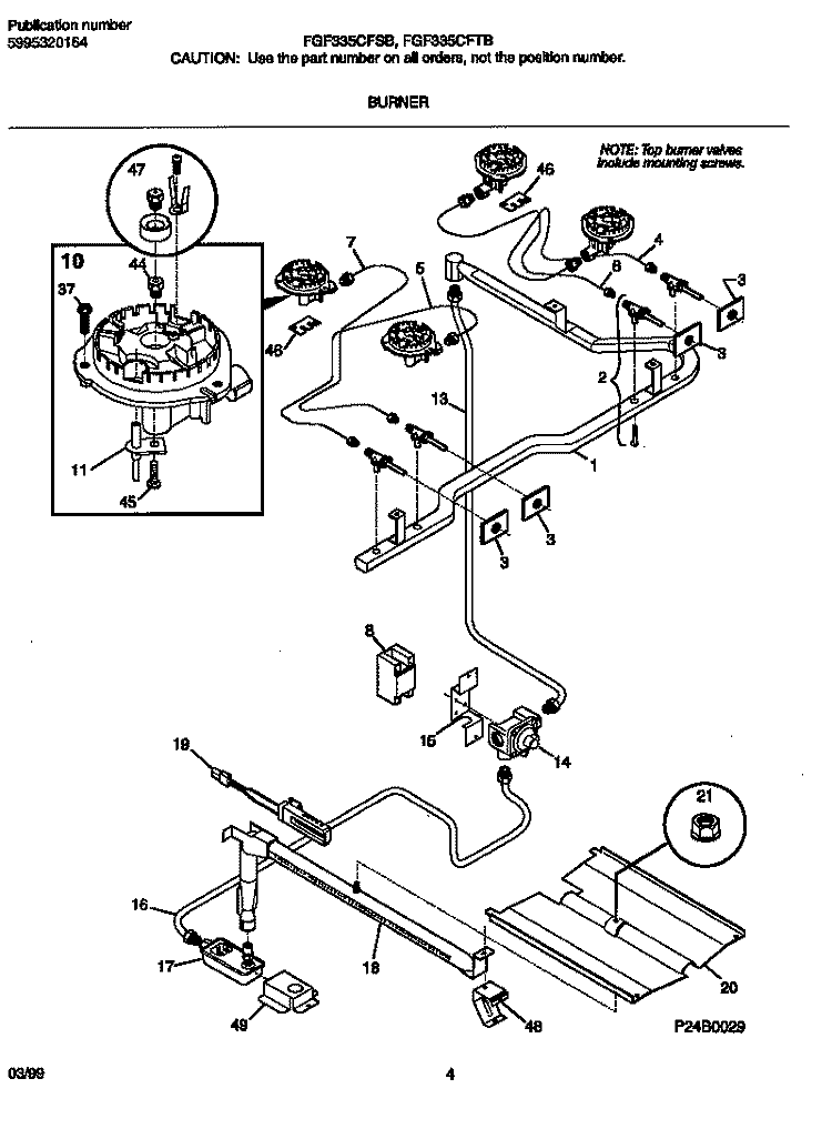 BURNER Diagram and Parts List for FGF335CFSB  Frigidaire Range