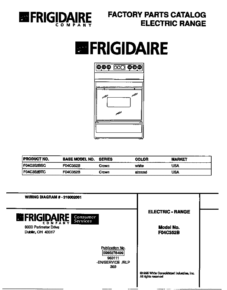 COVER Diagram and Parts List for F04C352BSC  Frigidaire Range