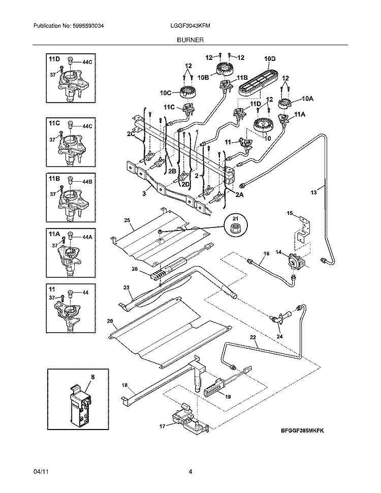 BURNER Diagram and Parts List for LGGF3043KFM  Frigidaire Range