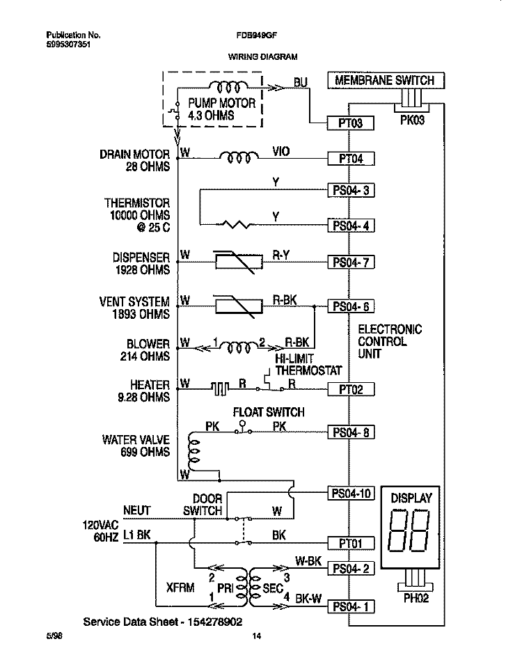 WIRING DIAGRAM Diagram and Parts List for FDB949GFB2  Frigidaire Dishwasher