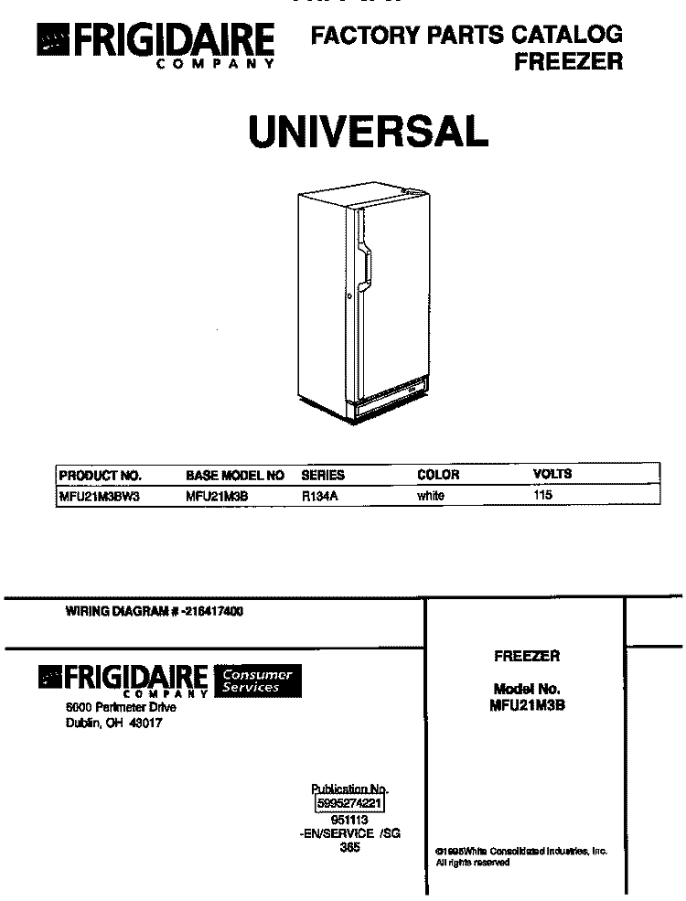 COVER Diagram and Parts List for MFU21M3BW3  Frigidaire Freezer