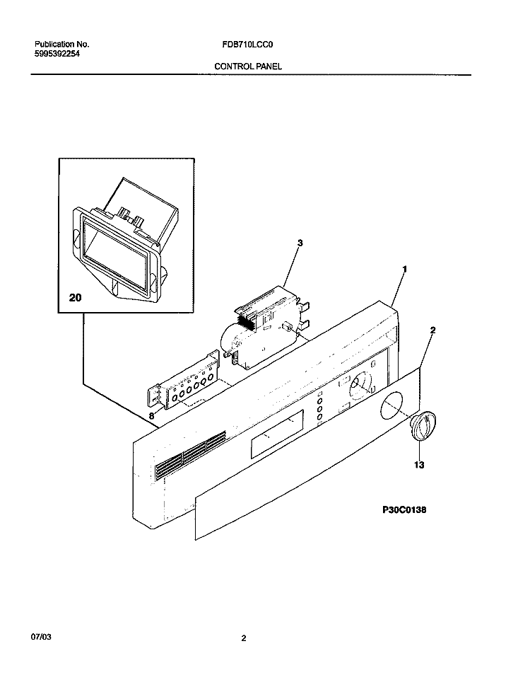 CONTROL PANEL Diagram and Parts List for FDB710LCC0  Frigidaire Dishwasher