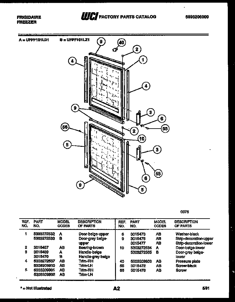 DOOR PARTS Diagram and Parts List for UFPF101LD1  Frigidaire Freezer