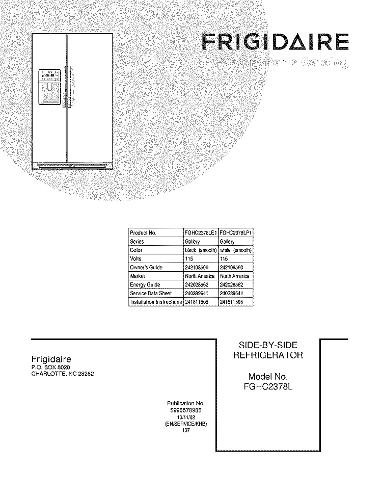 COVER Diagram and Parts List for FGHC2378LE1  Frigidaire Refrigerator