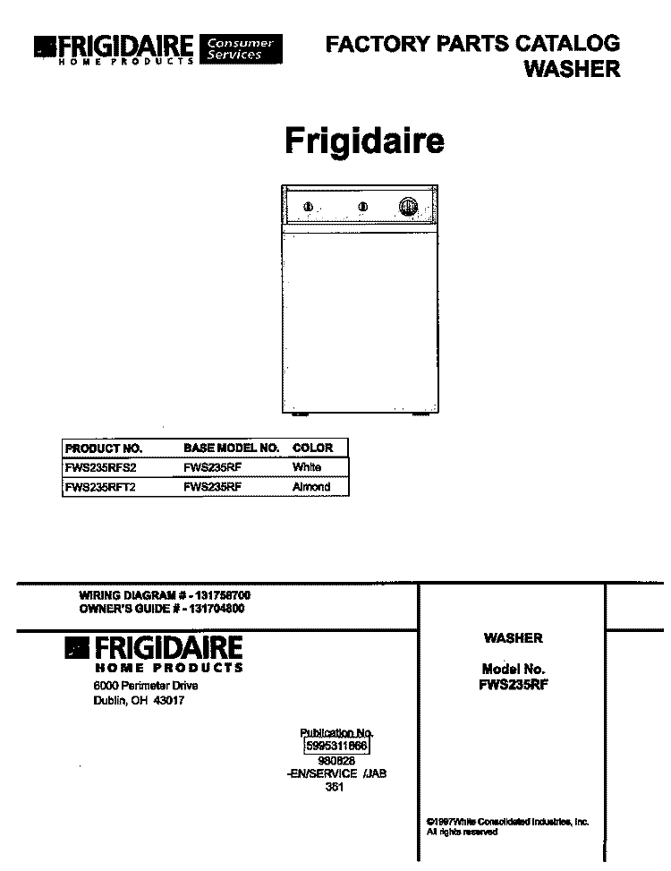 COVER Diagram and Parts List for FWS235RFS2  Frigidaire Washer