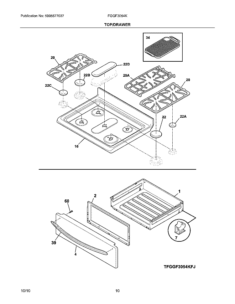 TOP/DRAWER Diagram and Parts List for FGGF3054KWJ  Frigidaire Range