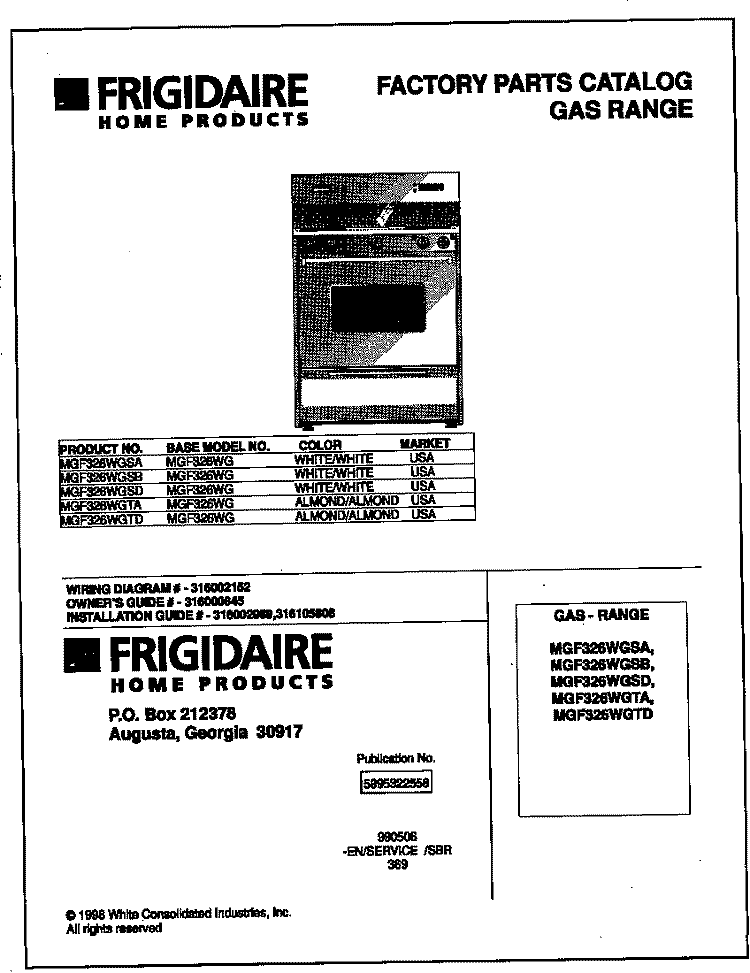 COVER Diagram and Parts List for MGF326WGSB  Frigidaire Range