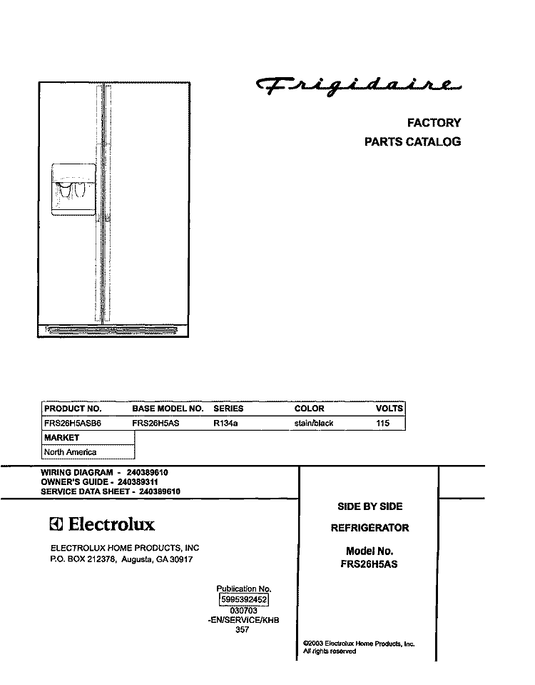 COVER Diagram and Parts List for FRS26H5ASB6  Frigidaire Refrigerator