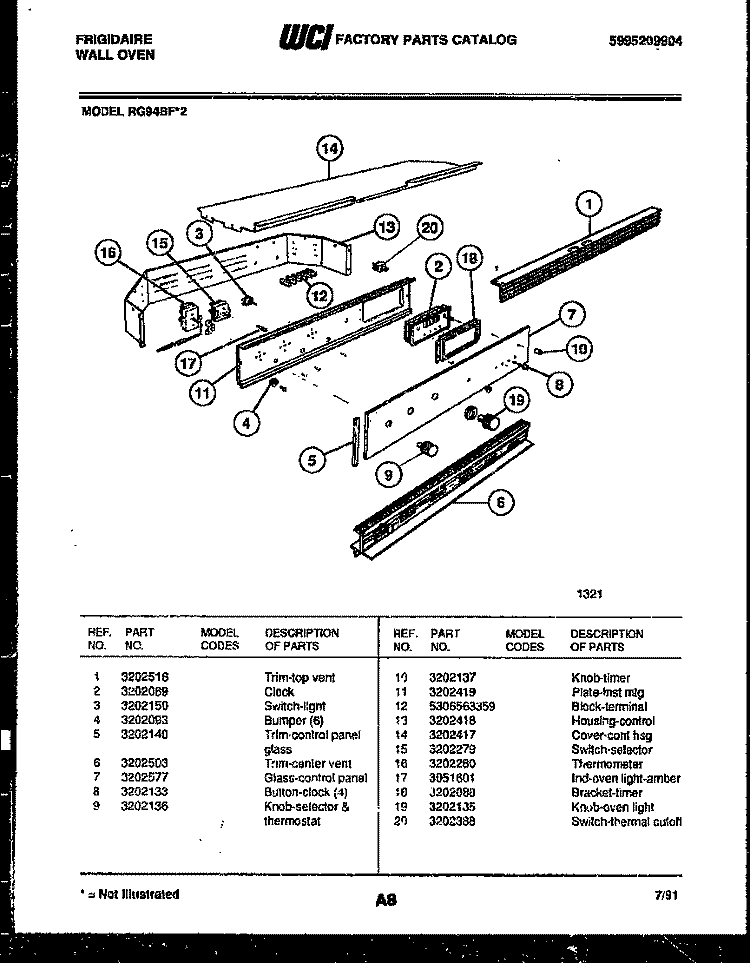 CONTROL PANEL Diagram and Parts List for RG94BF2  Frigidaire Wall Oven
