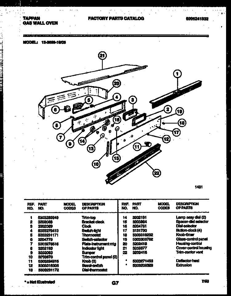 CONTROL PANEL Diagram and Parts List for 12-3699-00-05  Tappan Wall Oven