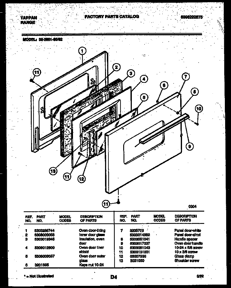 DOOR PARTS Diagram and Parts List for 36-3061-00-02  Tappan Range