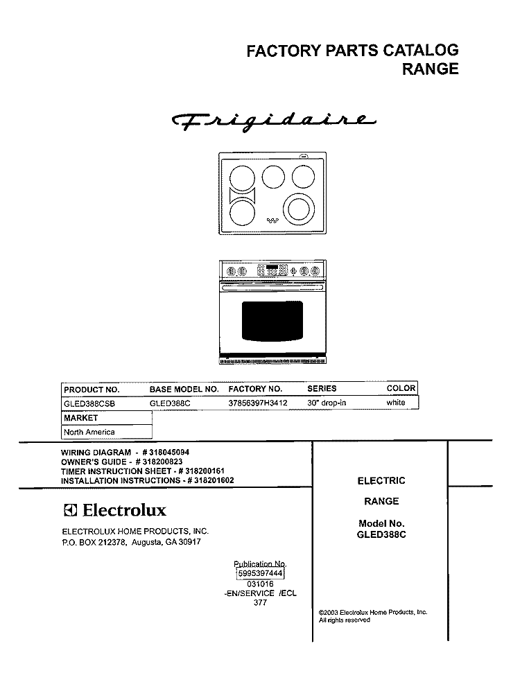 COVER Diagram and Parts List for GLED388CSB  Frigidaire Range