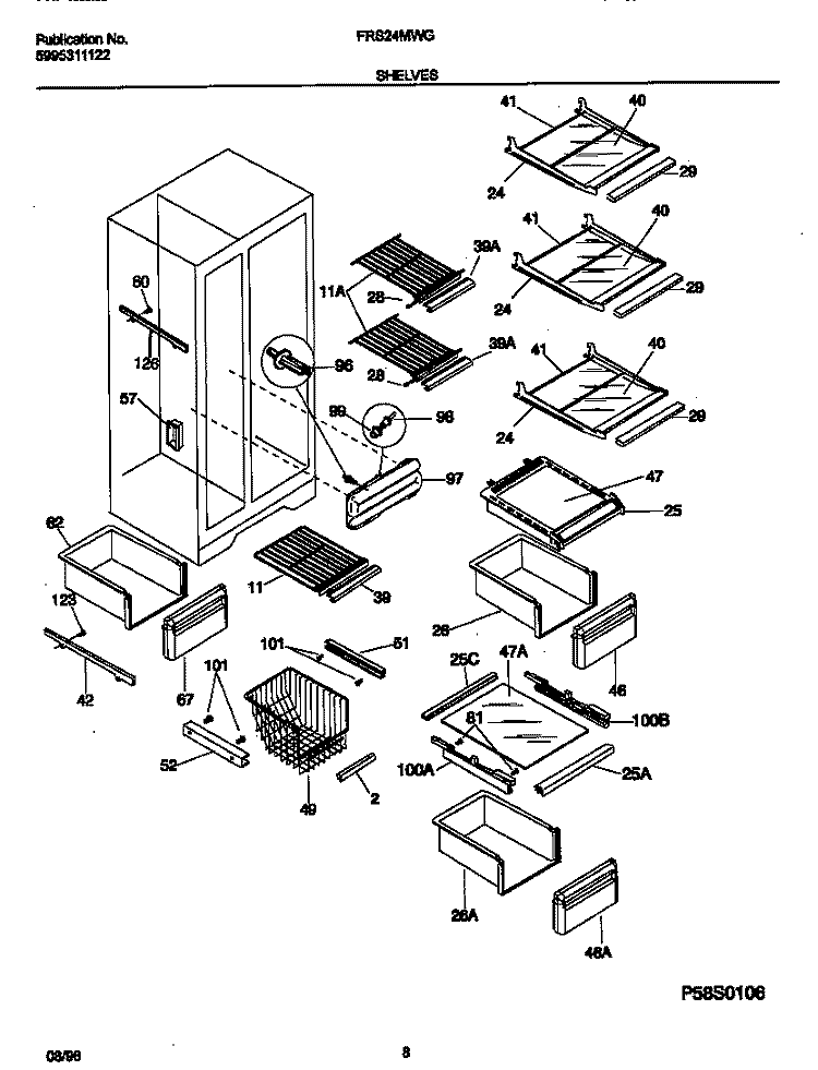 SHELVES Diagram and Parts List for FRS24MWGW1  Frigidaire Refrigerator